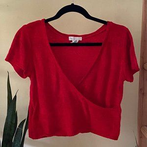 UO Short Sleeve Surplice Chenille Sweater Top